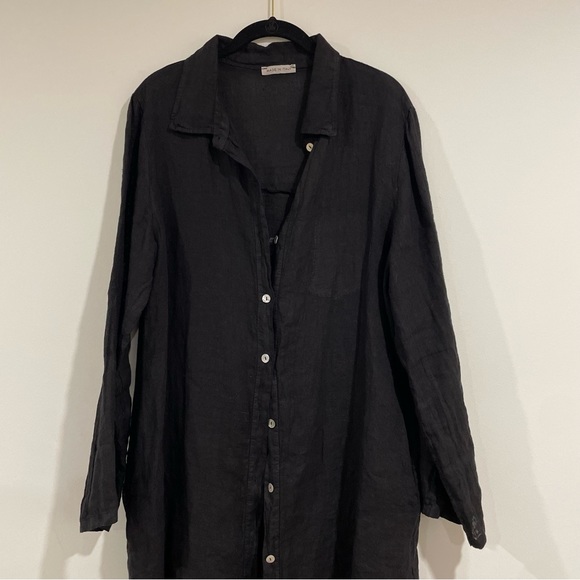 100% linen made in Italy black long sleeve button down tunic top peace and love - Picture 4 of 5